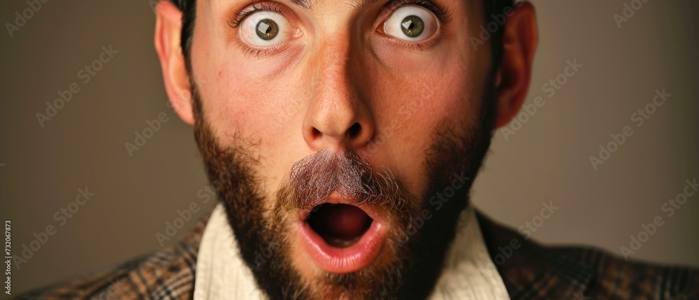 Poster a man with a beard and a suit is making a surprised face. generative ai.