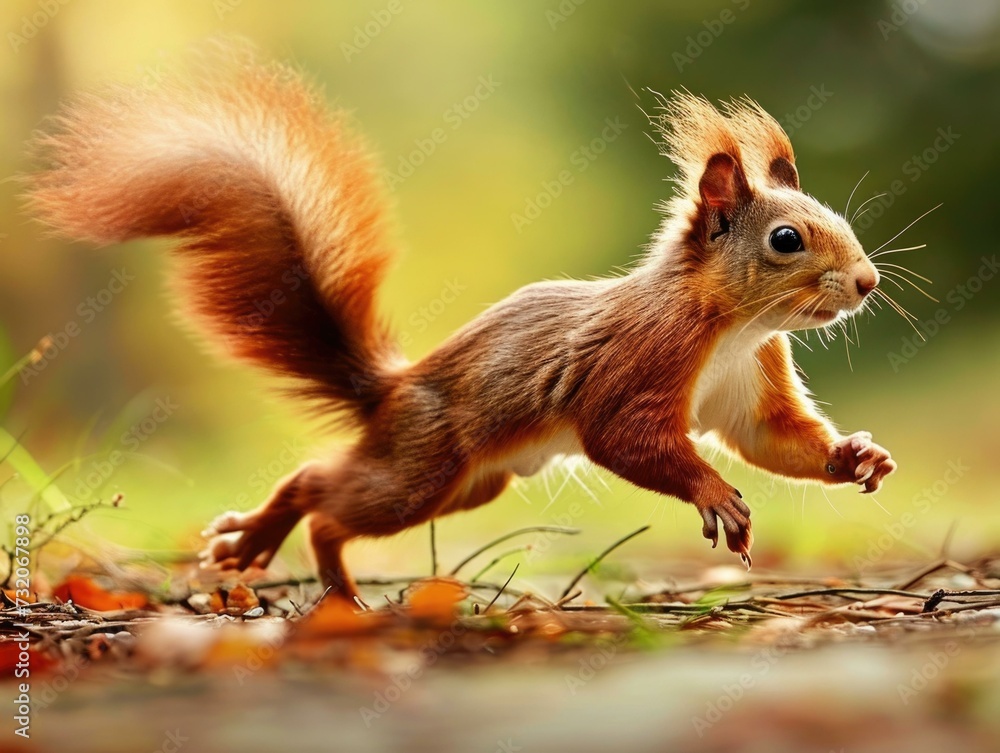 Poster a squirrel running across the ground. generative ai.