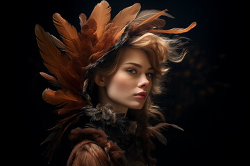 Portrait einer Frau mit braunen Federn als Haarschmuck. Illustration vor dunklem Hintergrund - obrazy, fototapety, plakaty
