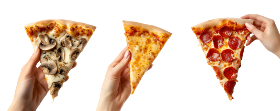 Showcasing a Set of Pizza Slices: Mushroom, Four Cheese, Pepperoni with a Hand Holding a Slice for Pizzeria Banners and Social Media, Isolated on Transparent Background, PNG