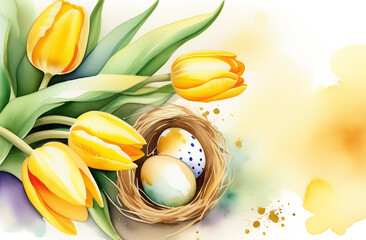 Yellow tulips, Easter eggs in a nest on a light watercolor background
