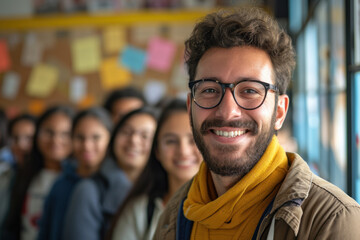 Obraz premium smiling teacher standing with students in classroom