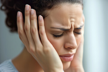 Close-up of a distressed woman holding her head in pain, suitable for health and wellness content, medical websites, and articles about stress or migraine relief. High quality illustration