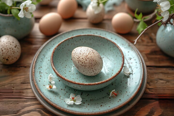 Rural Easter Idyll, a Composition of Eggs, Pottery, and Flowers, Evoking Spring's Gentle Embrace