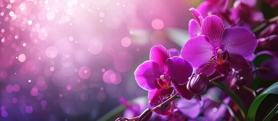 A close up of purple orchids with a violet background, showcasing the intricate petals of this...