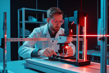 Physicist Technician Calibrating Optical Laser in High-Tech Laboratory. Generative AI.