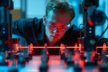 Focused Scientist Engaged in Laser Technology Research. Generative AI.