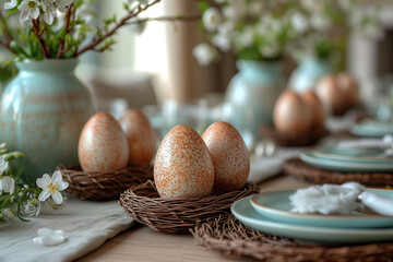 Ceramic Caress, a Tableau of Easter Eggs, Softly Cradled by Handcrafted Plates and Gentle Blossoms