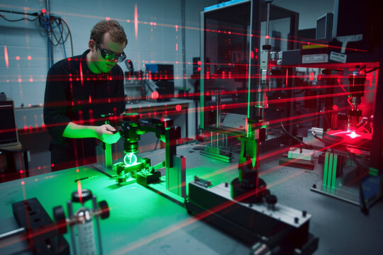 Focused Scientist Engaged in Laser Technology Testing in a Lab. Generative AI.