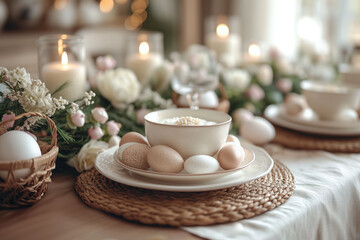 Fototapeta premium Welcoming Spring, A Cozy Scene of Earthy Pottery, Easter Eggs, and Blooms Suggesting Rebirth and Joy