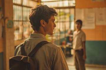 smiling teacher standing with students in classroom