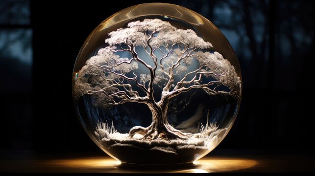 Elegant Display of Nature's Beauty: A Tree Encased in a Transparent Crystal Glass Ball