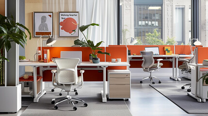 modern office space bathed in natural light, featuring a smart, ergonomic workspace setup that embodies the concept of "Working Smarter Not Harder"