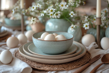 Fototapeta na wymiar Spring's Quiet Bounty, a Ceramic Cradle for Easter's Eggs, Adorned by Blooms of Gentle Promise