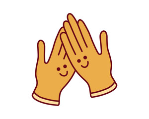 Fototapeta premium Pair of Gloves gives 5. Cooperation, teamwork, support. Applause. Two smiling Characters hugging. Element of Clothing, accessories. Flat style. Color image with outline. Isolated. Vector illustration