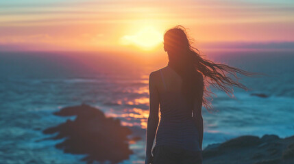 powerful woman standing on a cliff overlooking the ocean at sunrise, her hair flowing in the wind,...