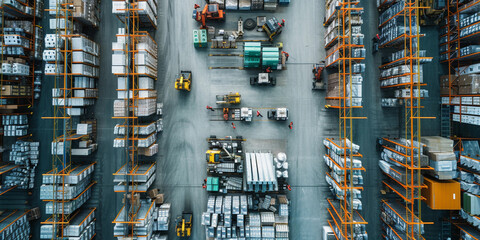 well-organized warehouse, with rows of shelves systematically arranged, and workers and machines operating in a coordinated manner - obrazy, fototapety, plakaty
