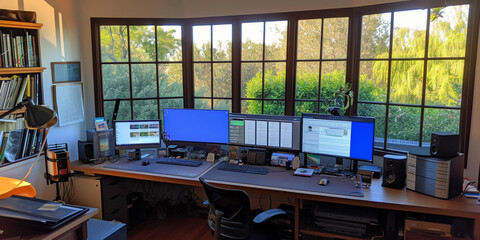 organized and tidy home office, with a clean desk, multiple screens displaying productivity tools, and a serene view out of a large window