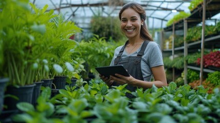 Naklejka na ściany i meble A confident and smiling female entrepreneur stands in a greenhouse surrounded by lush green plants. She is holding a digital tablet.
