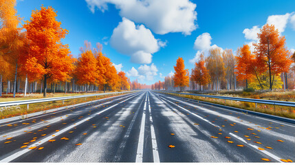 Scenic autumn road surrounded by colorful trees, depicting a peaceful and picturesque landscape journey - Powered by Adobe