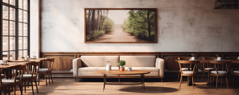 A cozy and inviting café interior is illuminated by natural light, featuring a sofa and wooden tables, with a framed picture of a pathway through trees, exuding a sense of calm and relaxation.