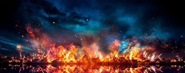A dramatic vista of an erupting volcano under a starlit sky, conveying a scene of natural power and celestial tranquility coexisting with dynamic earth forces.