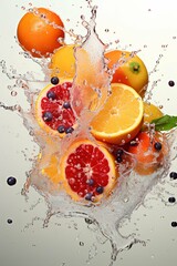 flying juicy colorful fruits and berries in splash of water on white background
