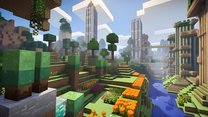 Hight detailed Minecraft a city with lots of plants and flowers in garden in the foreground area. A city with lots of in the foreground area, surrounded by tall skyscrapers on either side, voxel 
