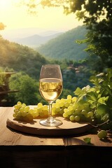 glass of white wine with green grapes on wooden table on mountain background