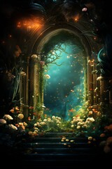 Obraz na płótnie Canvas magical gates in dark forest covered in flowers