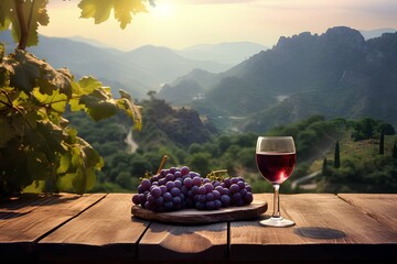 glass of red wine with purple grapes on wooden table on mountain background