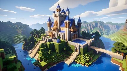 High detailed a Minecraft castle set in a beautiful landscape. Voxel - obrazy, fototapety, plakaty