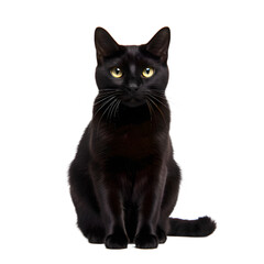 black cat with yellow eyes sitting facing the camera
