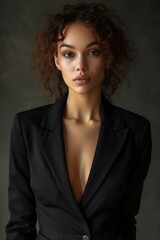 Elegant Woman in Black Suit Poses for Picture