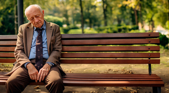 An elderly man in a cap sits alone on a park bench, looking pensive amidst a backdrop of autumn leaves.