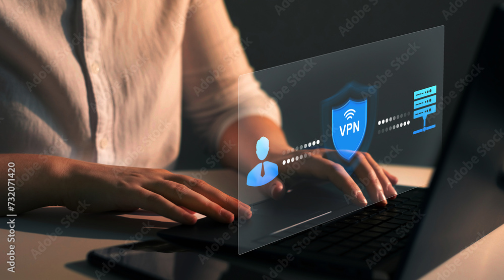 Poster vpn secure connection.remote server with private internet network technology to protect privacy of p