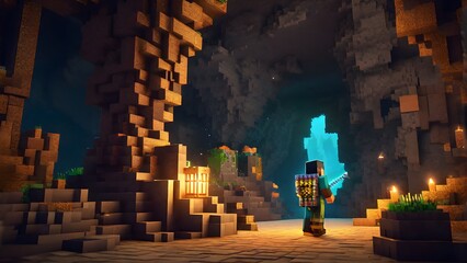3D image of a Minecraft cave with undead creatures Copy space image Place for adding text or design, cube voxel game in cave
