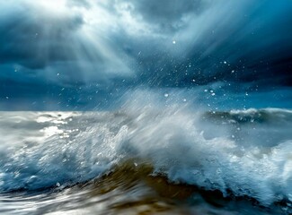 Rain on the sea. Dramatic weather landscape.