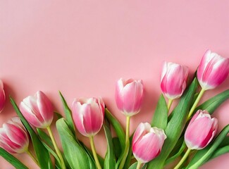Pink tulips background with copy space. Springtime design.