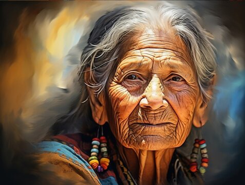 An impressionistic painting style depicting the natural beauty of a Mexican elderly woman, still with a beautiful well-defined face, bright and kind eyes