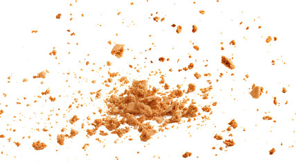 Pile cake crumbs, cookie flying isolated on white, clipping path