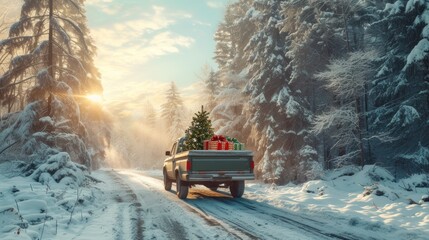 A pickup truck traversing a winter forest, transporting a Christmas tree and festive gift boxes.