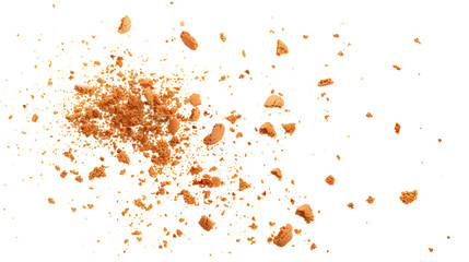 Pile cake crumbs, cookie flying isolated on white, clipping path