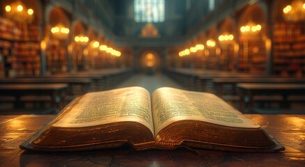 The pages of a worn book lay open, glistening with flecks of gold, as it rests on the cold floor of a grand church building, beckoning readers to discover its secrets - obrazy, fototapety, plakaty