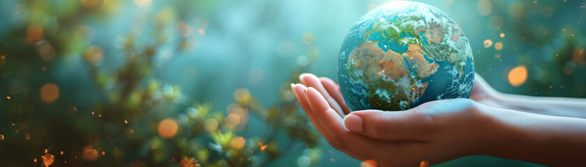 Hand holding a vibrant Earth with a green, bokeh light atmosphere, symbolizing environmental protection and earth day.