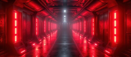 Red neon Futuristic tunnel with grunge metal walls