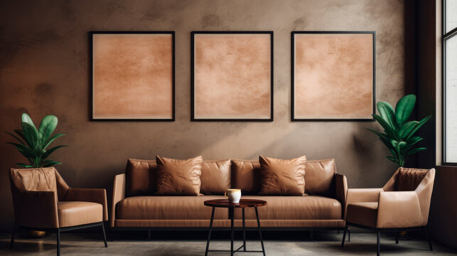 Fototapeta A tranquil café interior with a beige sofa against a wall featuring a large monochromatic photograph of a tree-lined street. The ambiance is enhanced by hanging