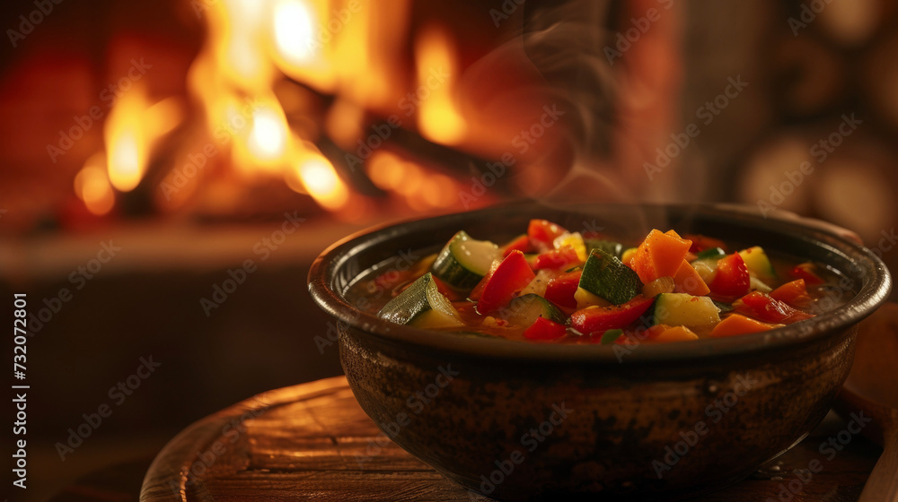 Poster in this inviting image a bowl of steaming veggie soup is nestled in front of a roaring fire creating