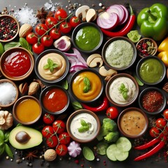 Different tasty sauces in bowls with spices on light wooden table
