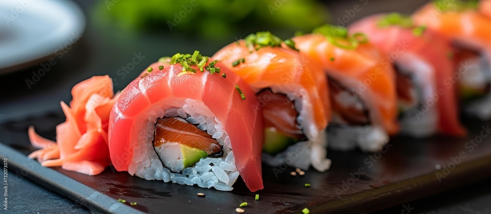 Wall mural a detailed shot of a sushi roll placed on a black plate, offering a tantalizing glimpse into the wor